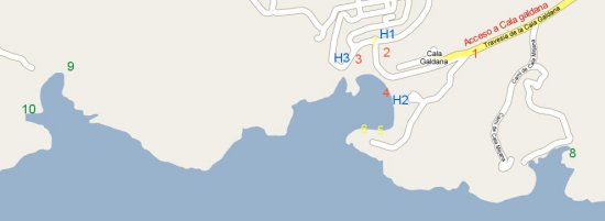 Mappa dettagliata di accesso a Cala Galdana e alle spiagge vergini di Cala Mitjana e Mitjaneta o a Cala Macarella e Macarelleta sulla costa sud di Menorca, Isole Baleari.