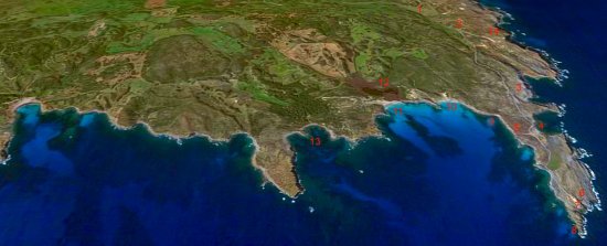 Karte der Küste von Menorca, Gebiet des Naturparks Albufera Des Grao. Blick von Cala Tortuga, Cala Presili, das Kap von Favaritx.